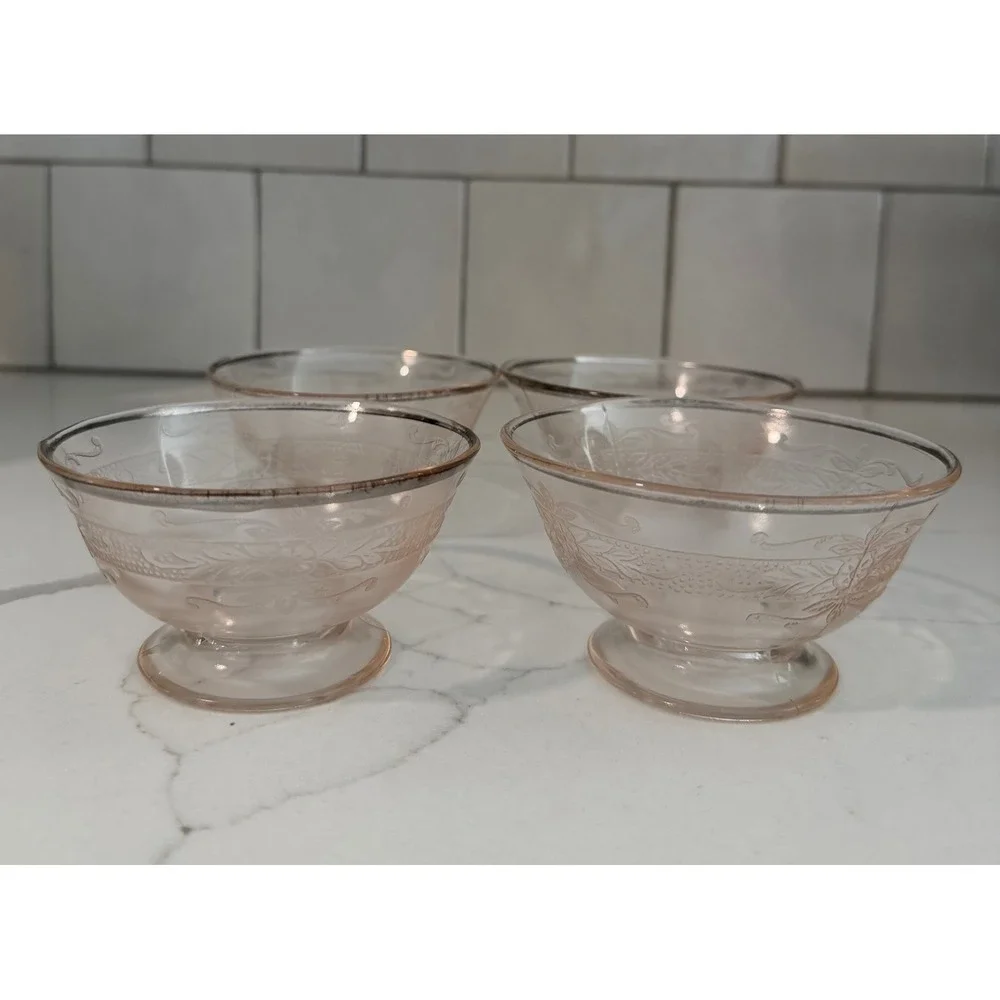Macbeth-Evans Vintage Pink Depression Glass Etched Dessert Silver Rim‎ Set